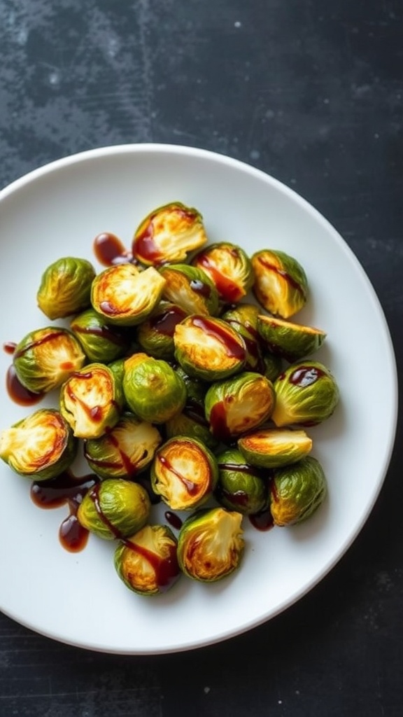 Crispy Brussels sprouts drizzled with balsamic glaze on a plate.