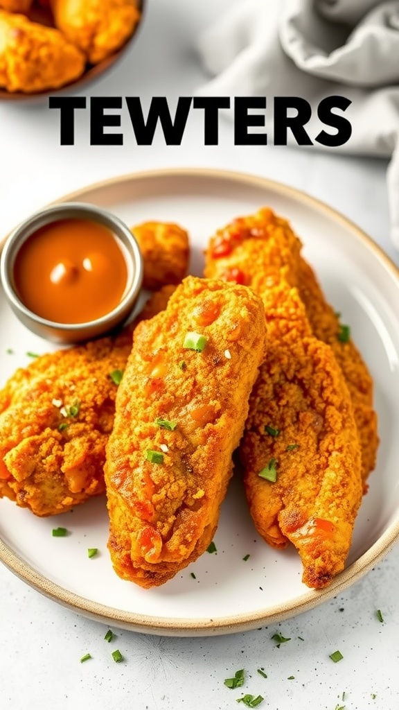 Air Fryer Crispy Chicken Tenders served with a dipping sauce