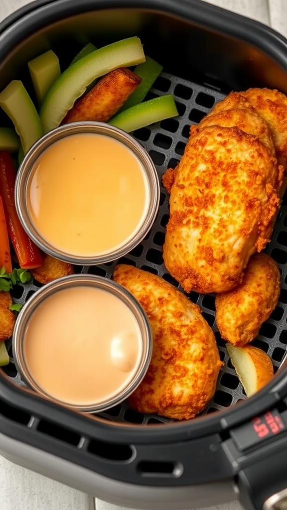 Delicious crispy chicken tenders in an air fryer with dipping sauce and vegetables.