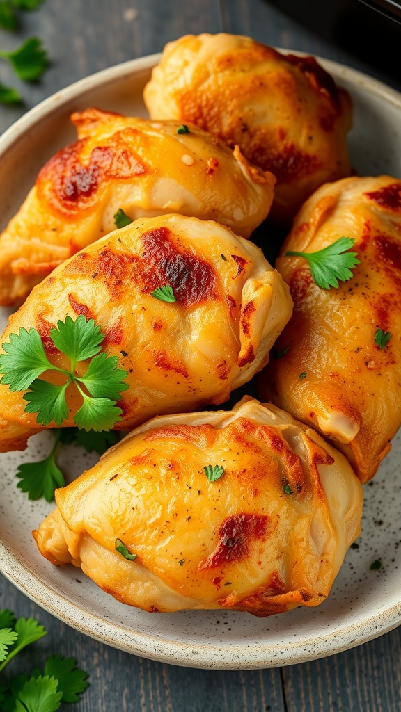 A plate of crispy chicken thighs garnished with parsley.