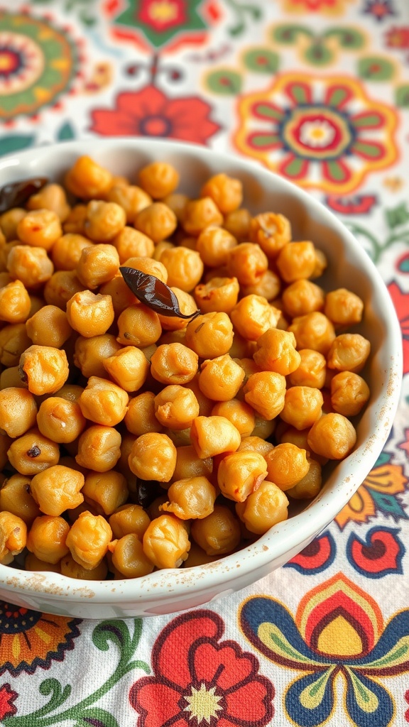 Bowl of crispy chickpeas on a colorful patterned tablecloth.