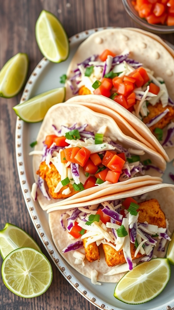 Plate of crispy fish tacos with toppings and lime wedges