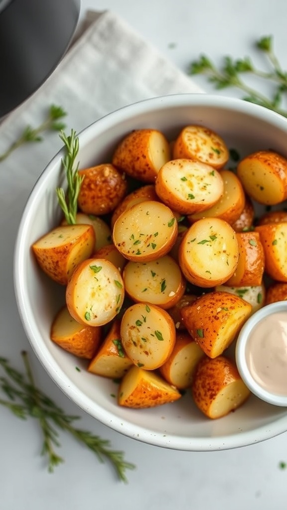 Plate of crispy garlic potatoes garnished with herbs.