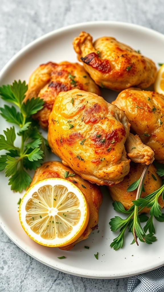 Air fryer crispy lemon garlic chicken thighs garnished with parsley and lemon slices