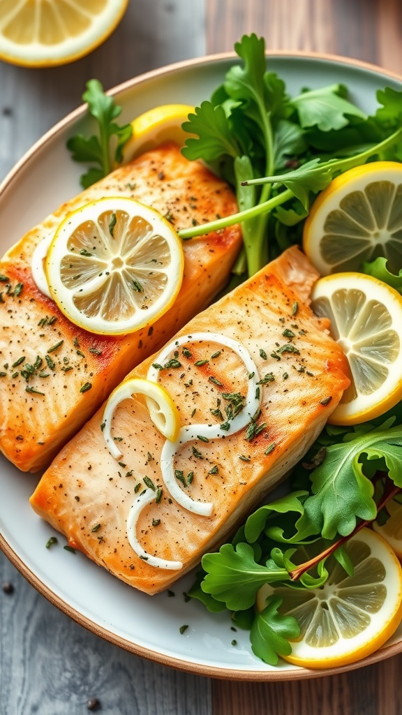 A delicious plate of crispy lemon garlic salmon garnished with lemon slices and fresh greens.