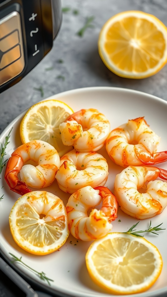 A plate of crispy lemon garlic shrimp garnished with lemon slices.