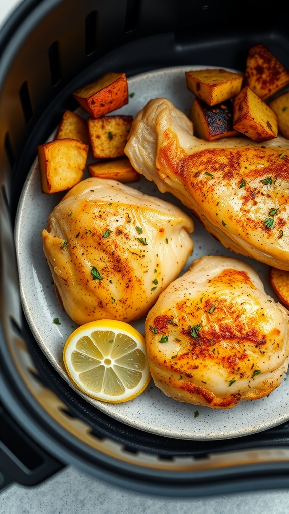 Crispy lemon herb chicken cooked in an air fryer with lemon slices and herbs.