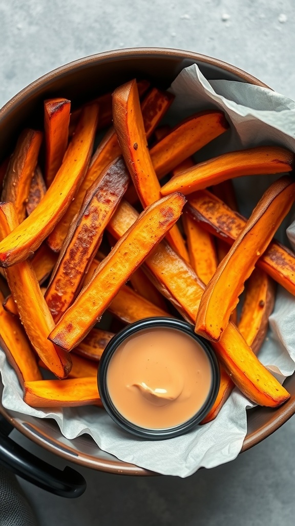 A bowl of crispy sweet potato fries with a dip