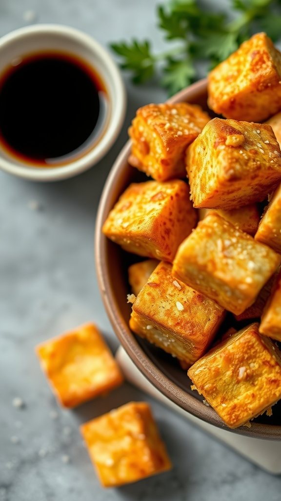 Delicious crispy tofu bites served with dipping sauce.