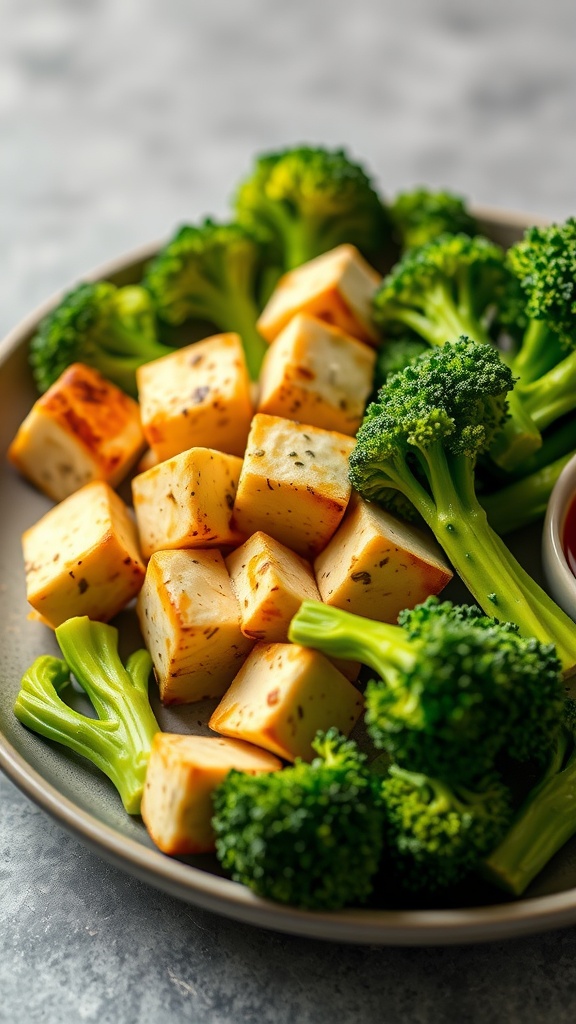 A plate of crispy tofu cubes and steamed broccoli