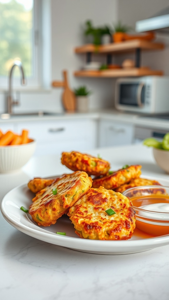 A plate of crispy vegetable fritters served with dipping sauce.