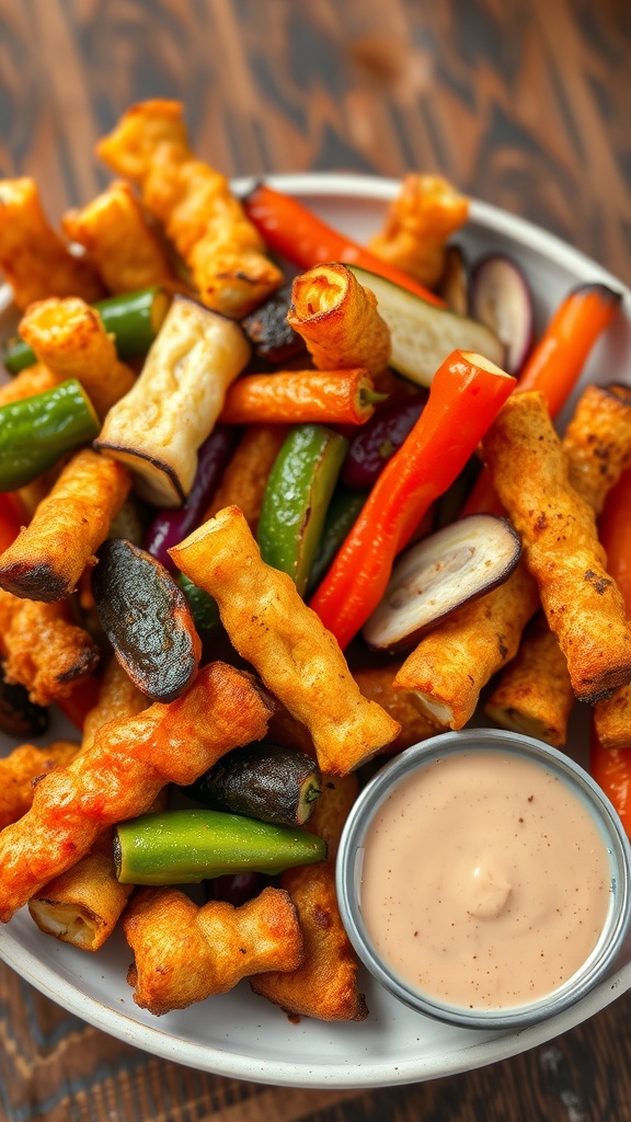 A colorful medley of crispy vegetables served with a dipping sauce.