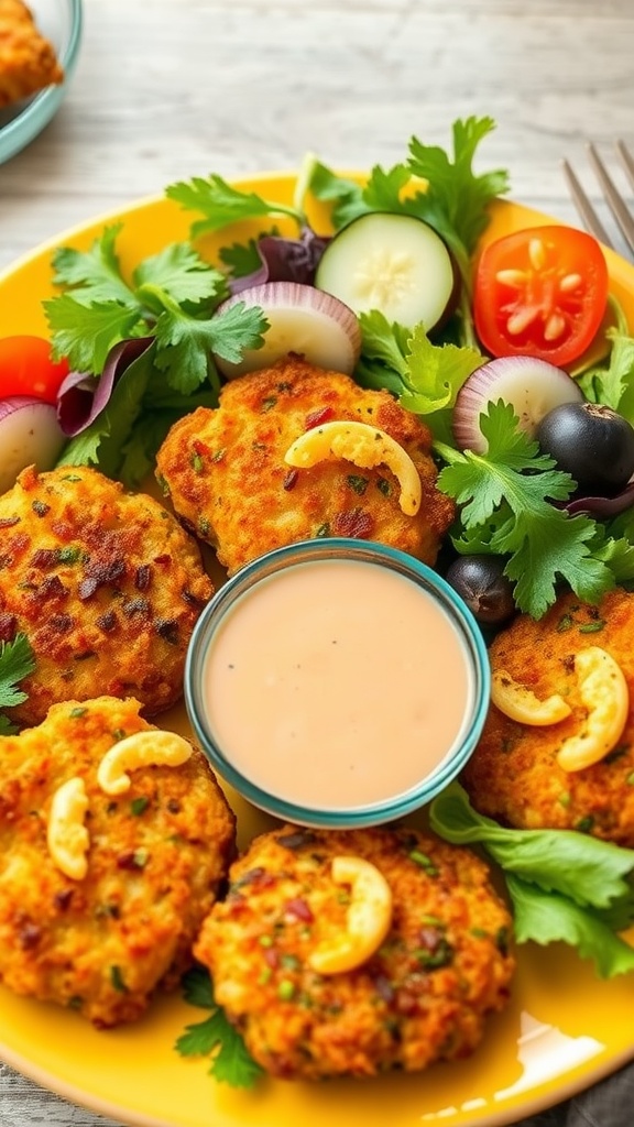 Plate of crispy veggie fritters served with dipping sauce and a side of fresh salad.