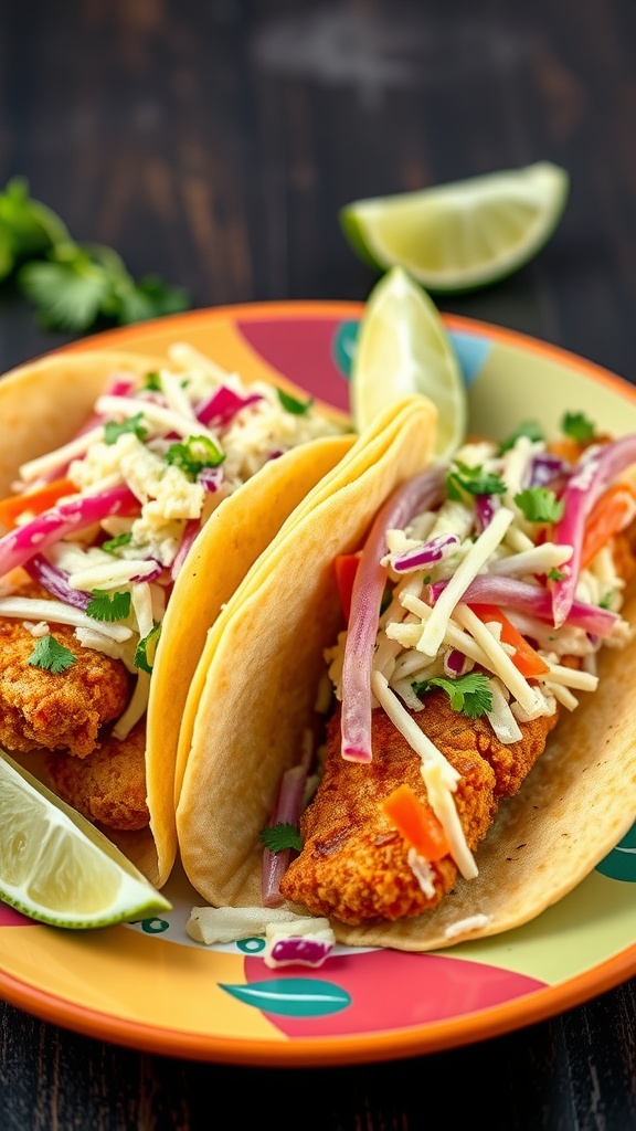 Delicious air fryer fish tacos served with fresh slaw on a colorful plate, garnished with lime.