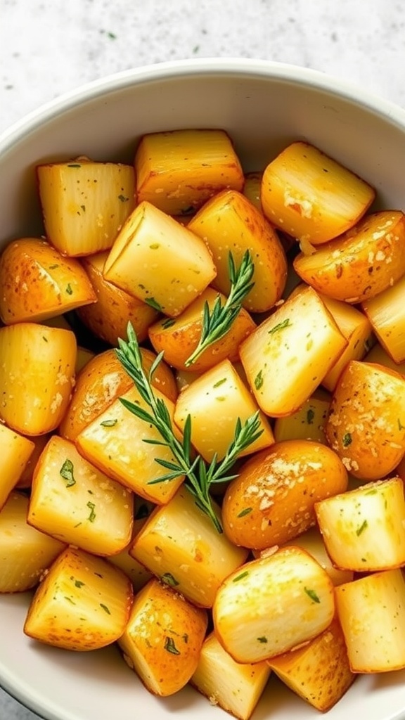 Bowl of golden, crispy garlic Parmesan potatoes garnished with herbs.