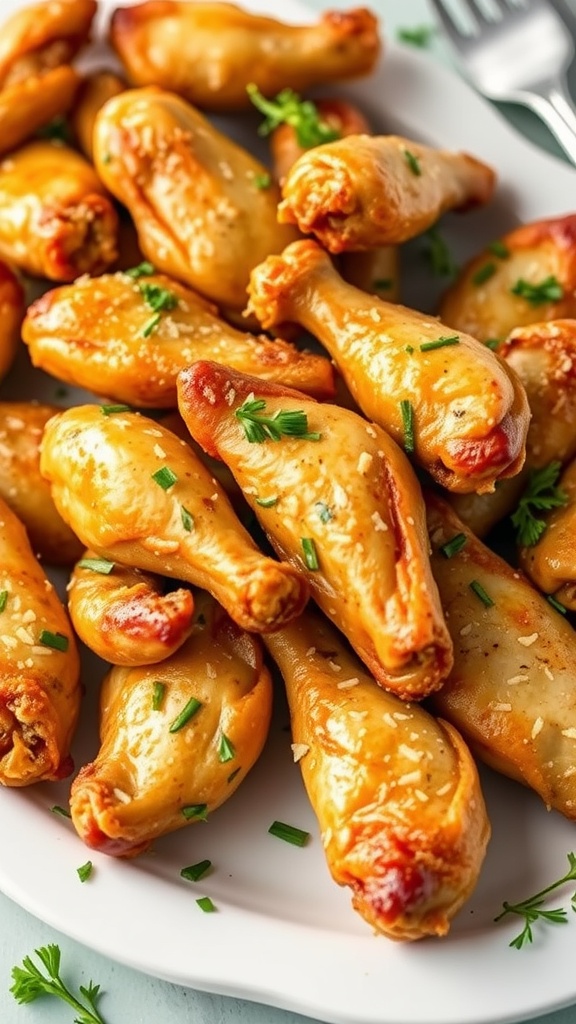 Crispy garlic Parmesan wings served on a plate, garnished with parsley.