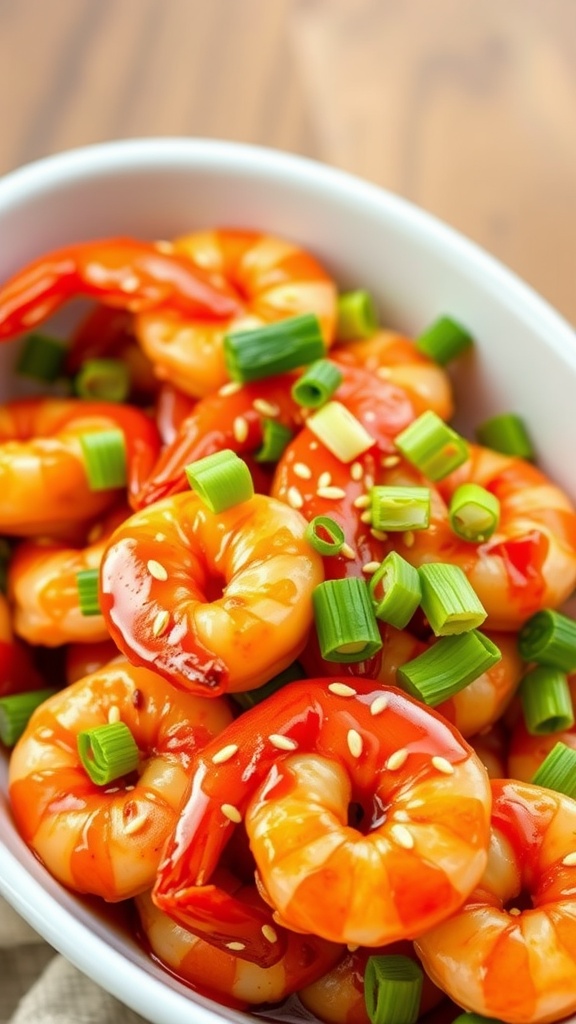 A bowl of honey garlic shrimp garnished with green onions