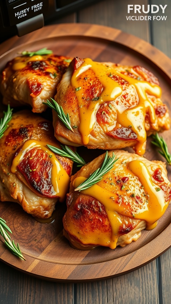 Plate of Air Fryer Honey Mustard Chicken Thighs garnished with rosemary