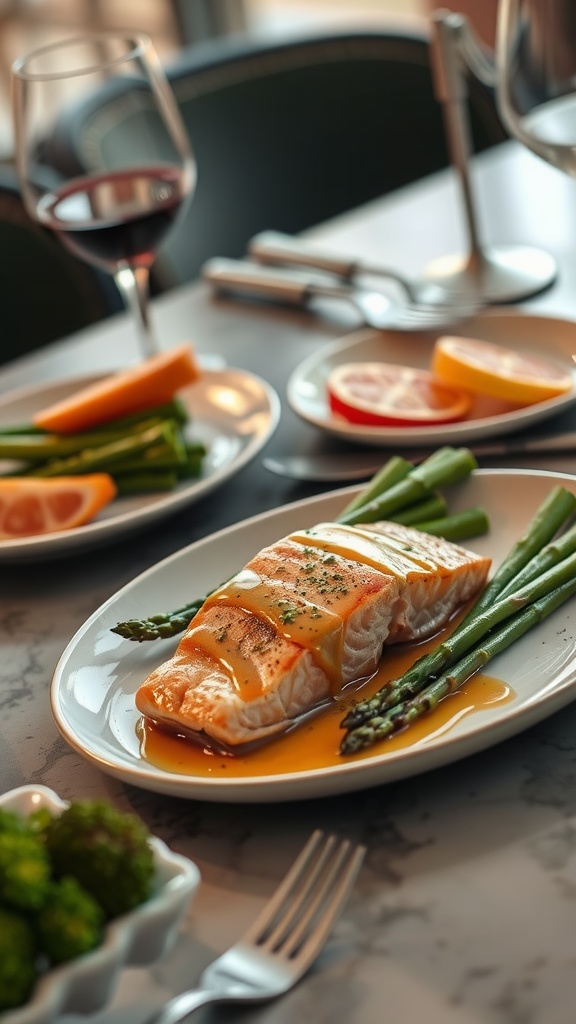 Deliciously cooked salmon fillet with honey mustard glaze served with asparagus on a plate.