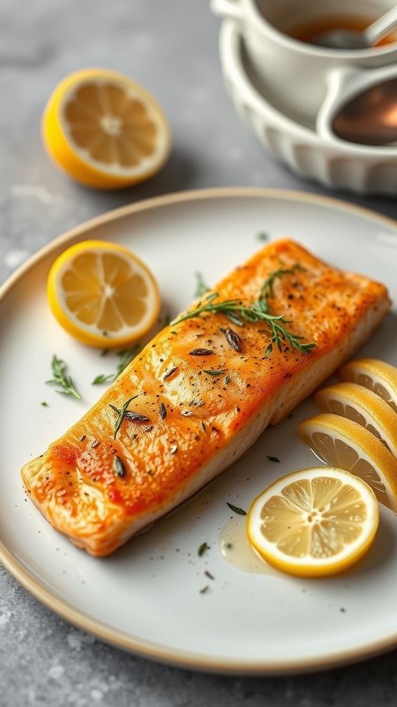 Delicious honey mustard glazed salmon with lemon slices