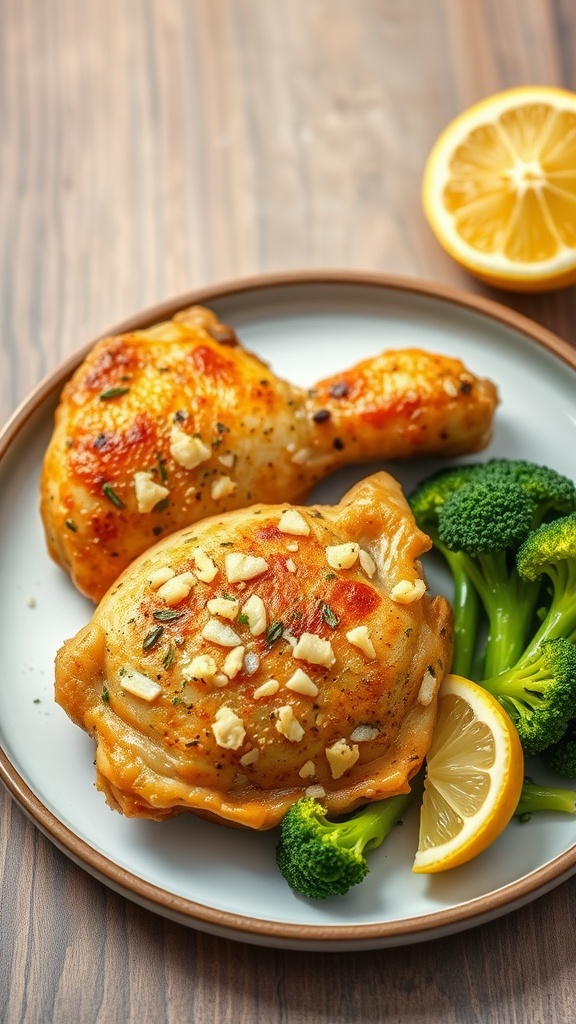 A plate of crispy lemon garlic chicken thighs served with broccoli and lemon slices.
