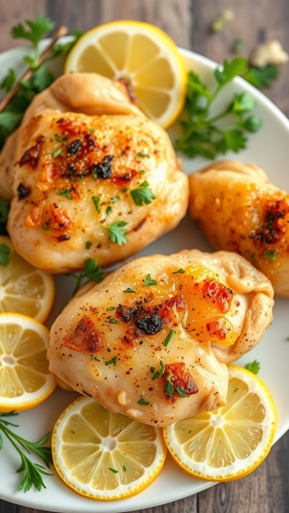 Air Fryer Lemon Garlic Chicken Thighs served with lemon slices and parsley
