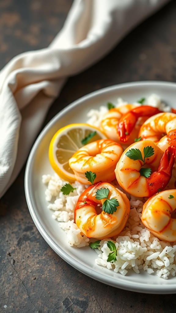 Plate of lemon garlic shrimp served over rice with lemon slices and fresh parsley