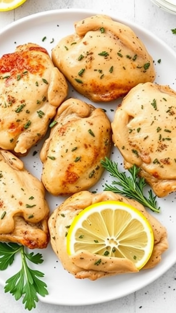 Air Fryer Lemon Herb Chicken plated with herbs and lemon slices