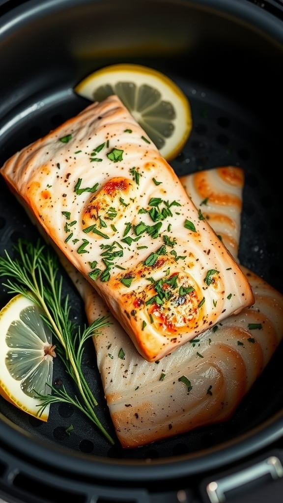 Air fryer salmon garnished with lemon and herbs