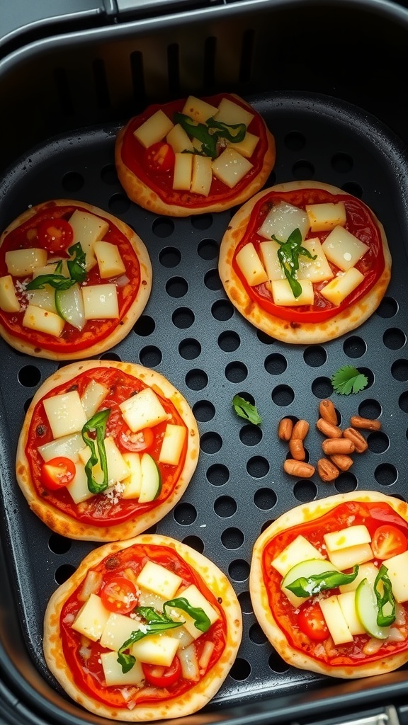 Air fryer mini pizzas with colorful toppings, including bell peppers, tomatoes, and zucchini.