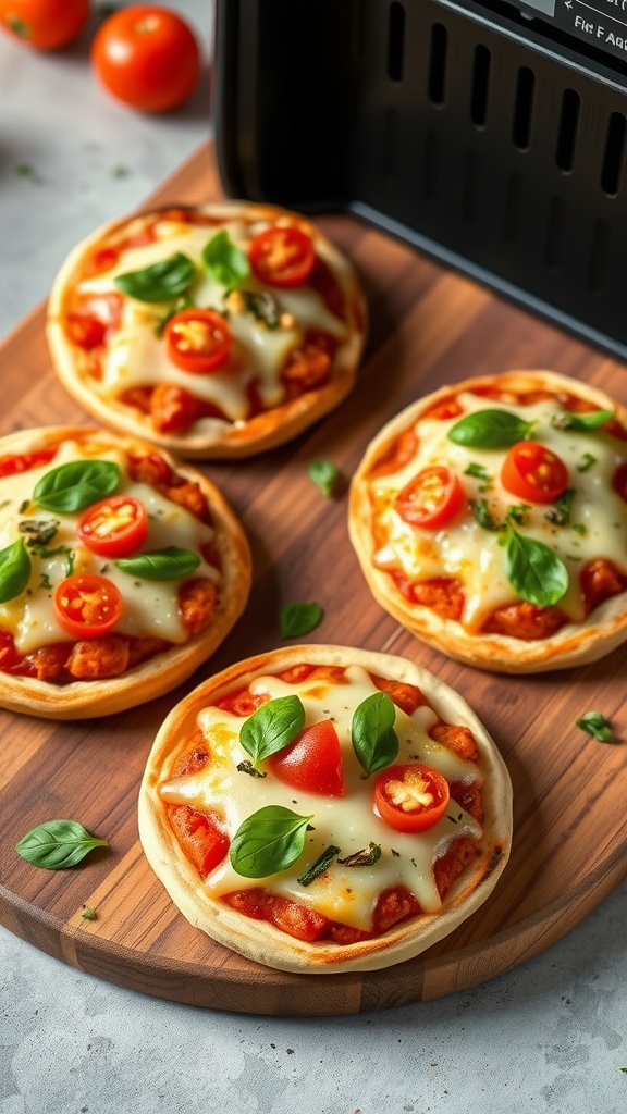Air Fryer Mini Veggie Pizzas with colorful toppings on a wooden board.