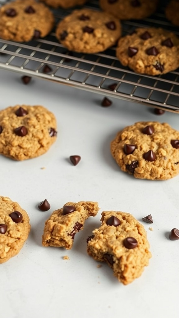 Delicious oatmeal cookies with chocolate chips on a cooling rack
