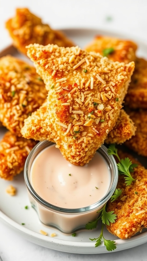 Air Fryer Parmesan-Crusted Chicken Tenders served with dipping sauce.