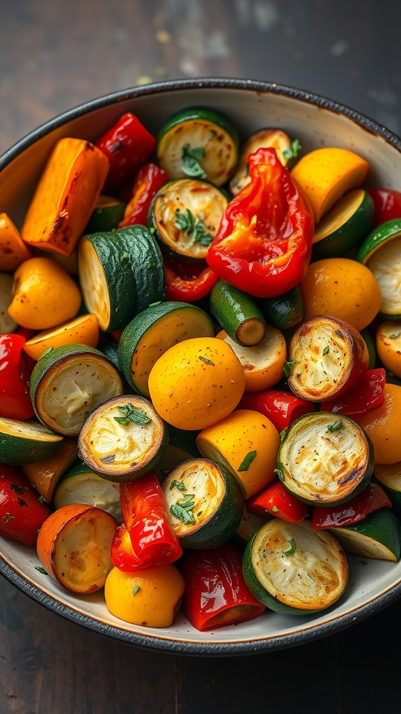 A bowl of colorful roasted vegetables including zucchini, bell peppers, and yellow squash