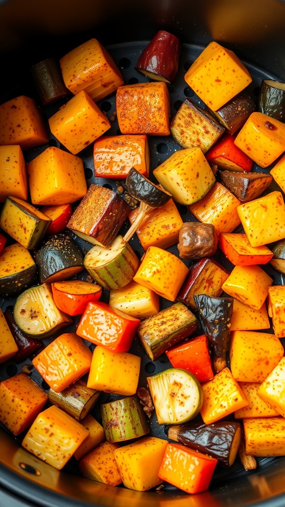 A medley of colorful diced vegetables, ready to be air fried.