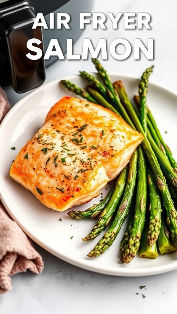 Delicious air fryer salmon with asparagus served on a plate