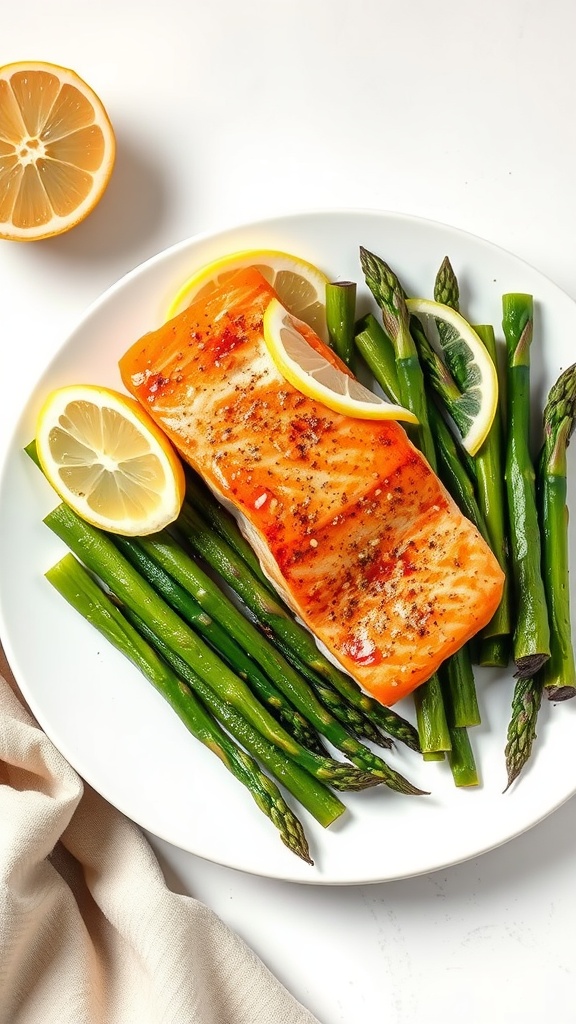 Air fryer salmon fillet served with asparagus and lemon slices