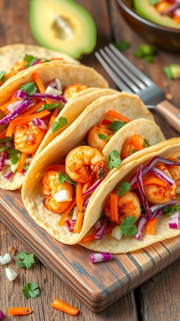 Air fryer shrimp tacos with fresh slaw and garnishes on a wooden board.