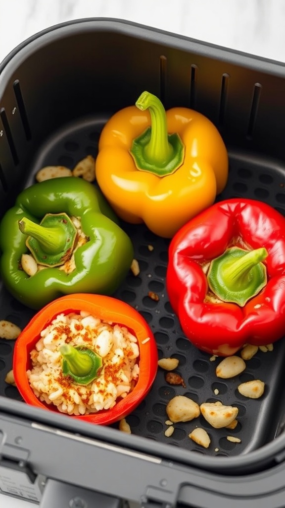 Air fryer with colorful stuffed bell peppers