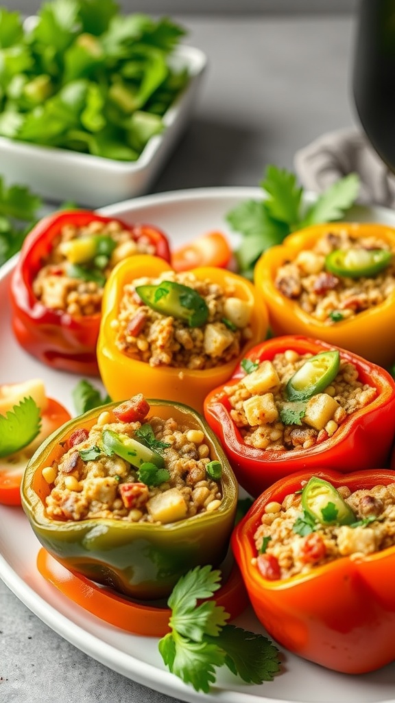 Stuffed bell peppers filled with a savory mixture, garnished with cilantro, served on a plate.