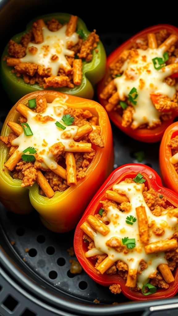 Colorful stuffed bell peppers in an air fryer, filled with meat, pasta, and cheese.