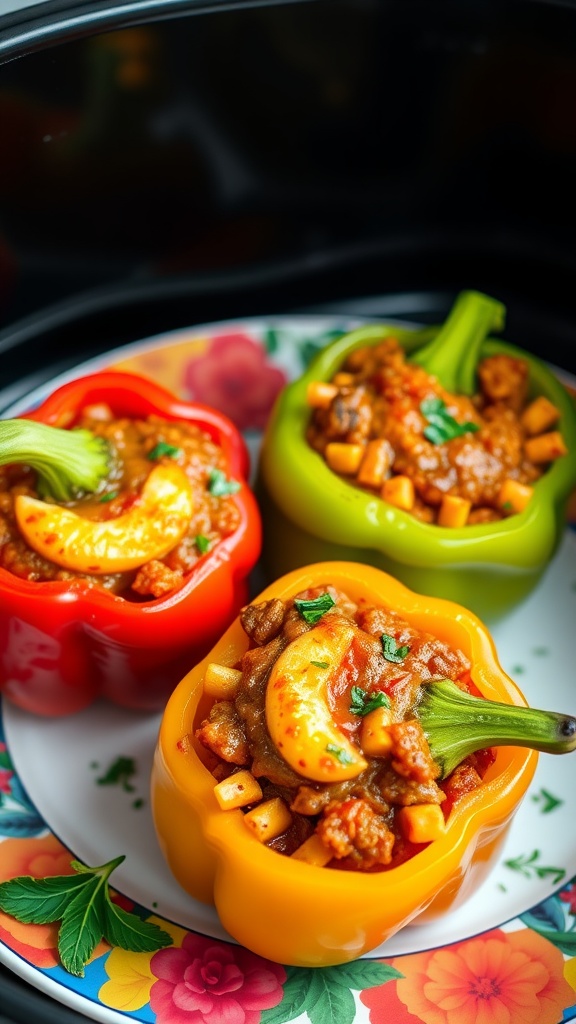Air fryer stuffed bell peppers filled with ground meat and rice.