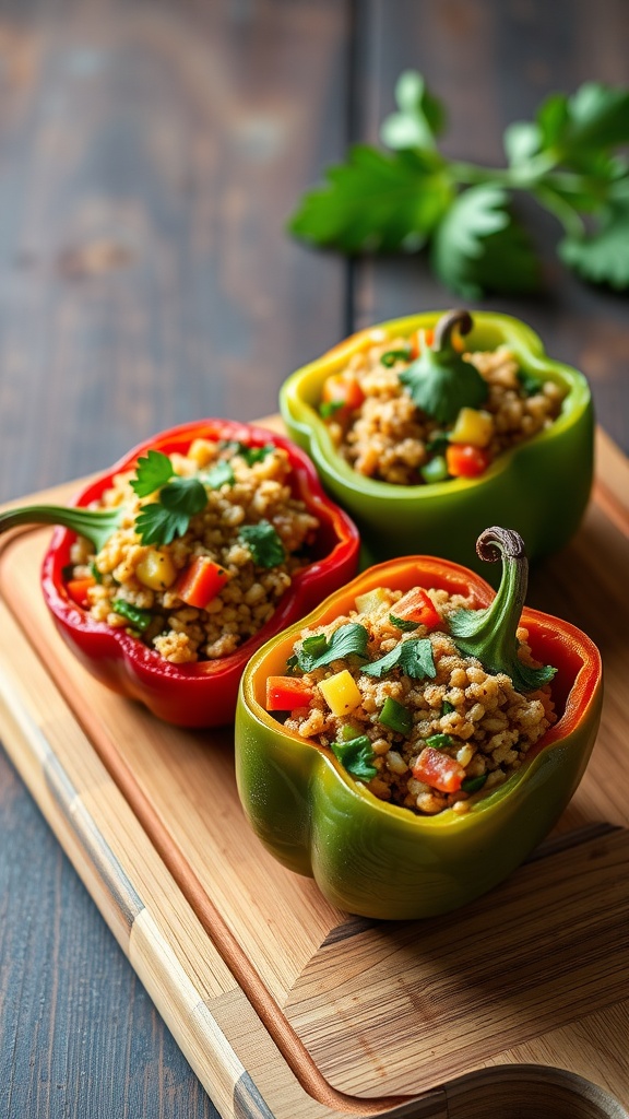 Air fryer stuffed bell peppers with a colorful filling on a wooden tray.