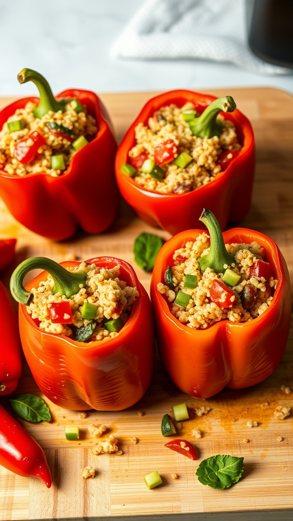 Air fryer stuffed bell peppers filled with a flavorful mixture of grains and vegetables.