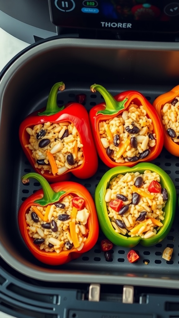 Air fryer stuffed bell peppers filled with rice, beans, and cheese.