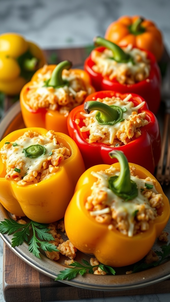 Stuffed bell peppers filled with rice, meat, and cheese, garnished with parsley.