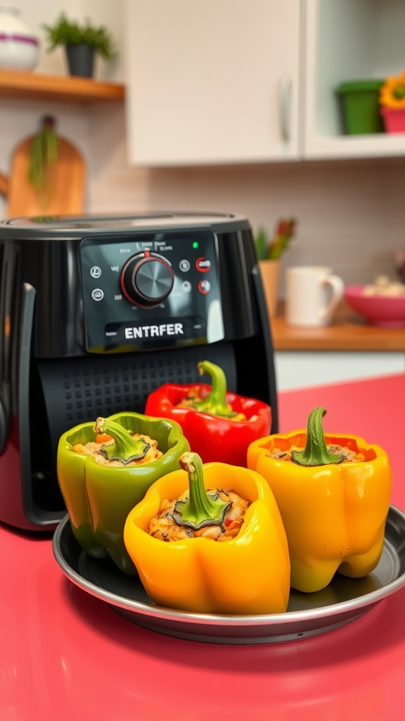 Air fryer stuffed bell peppers in various colors, ready to enjoy.