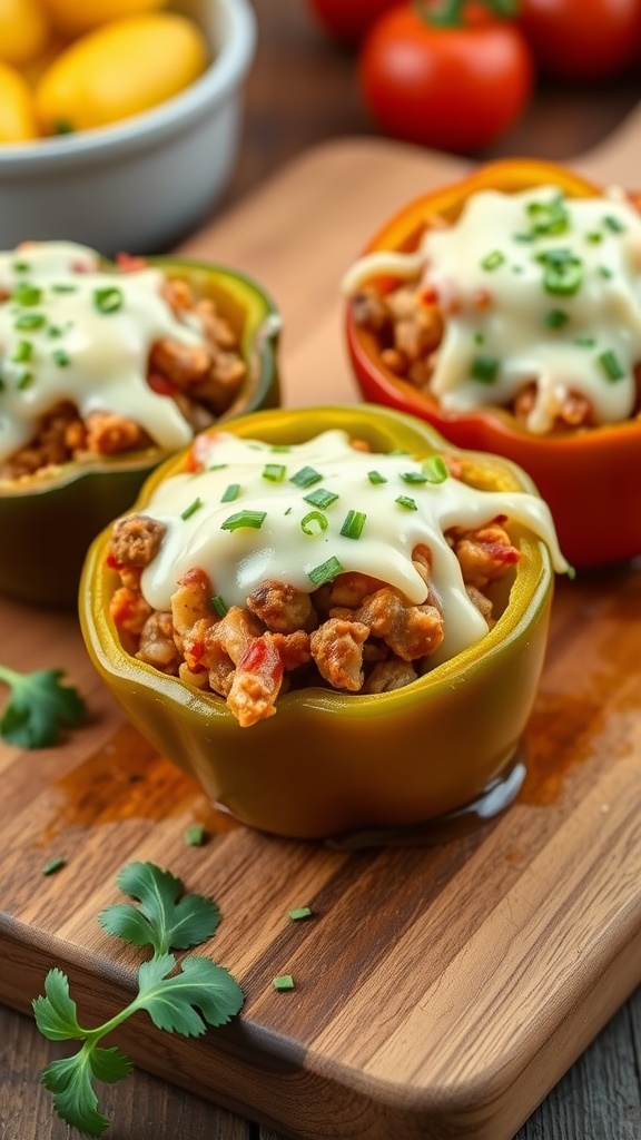 Delicious air fryer stuffed peppers filled with meat and cheese, garnished with herbs.