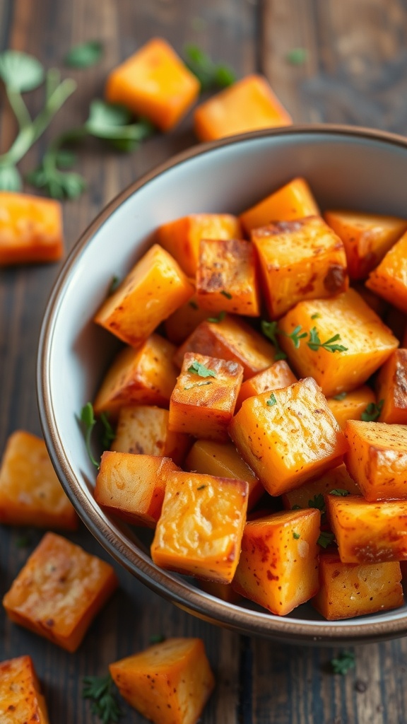 Bowl of crispy air fryer sweet potato cubes garnished with herbs