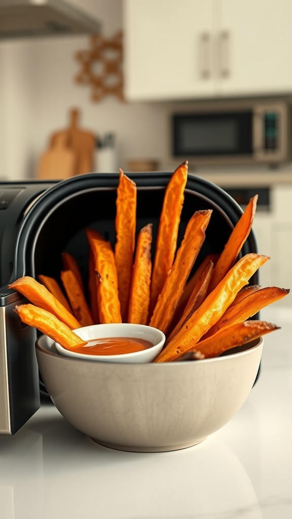 A bowl of crispy air fryer sweet potato fries served with a dipping sauce.